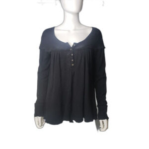 We The Free People Down Under Raw Trim Boho Henley Top Blouse Black Size Medium